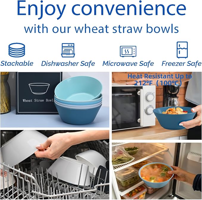 32 Ounce Cereal Bowls, Unbreakable Wheat Straw Fiber Bowl, Lightweight Kitchen Bowls Microwave & Dishwasher Safe BPA Free Bowls, E-Co Friendly Bowls Set for Cereal, Salad,Oatmeal, Soup,Snacks -6 Color