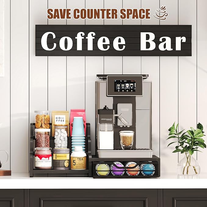 Coffee Station Organizer Compatible with Nespresso Vertuo Pods, Holds 48 Small or 32 Large Pods, 3-Tier Coffee Bar Organizer with K-Cup Holder, Coffee Pod Drawer & Syrup Cups Rack for Accessories