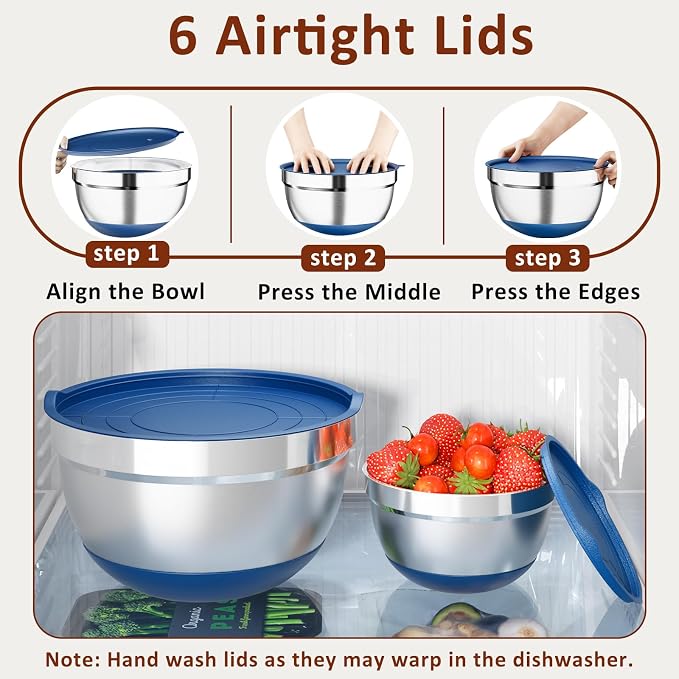 9 Pack Mixing Bowls with Airtight Lids & Grater Attachments, Blue | Stainless Steel Bowl, Non-slip Bases, Nesting Kitchen Bowl, Size 5, 4, 3, 2, 1.5,1QT,for Food Prep, Baking, Storage & Serving