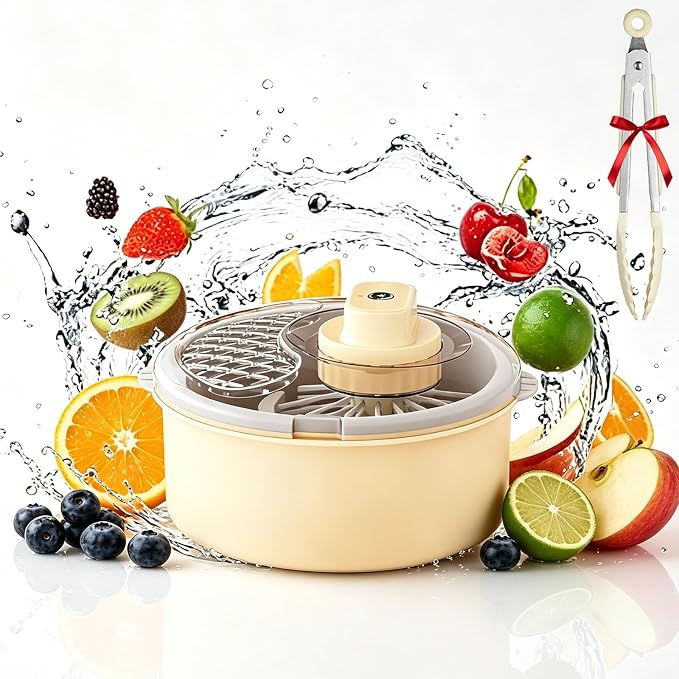 2026 Upgraded Fruit Cleaner Spinner, Fruit Washer Spinner Bowl, Electric Salad Spinner, Electric Fruit Washer with Non-Slip Base for Veggie, Grains, Rice, Meat, Seafood，Yellow