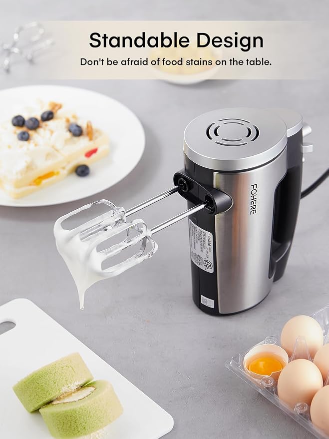 Hand Mixer Electric Handheld, 6 Speed & Turbo Electric Mixer, 300W Handheld Mixer with 2 Stainless Steel Whisk and 2 Dough Hook for Whipping, Mixing Cookies, Brownie, Cakes, Dough Batters, Silver