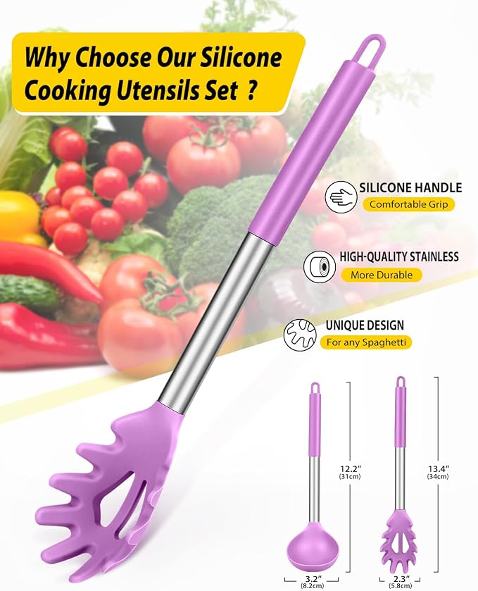 BUNDLEPRO Silicone Pasta Fork and Ladle Spoon Set, 2 Pack, Purple | Large Non Stick, High Heat Resistant Kitchen Utensils for Cooking,Stirring,Serving Spaghetti, Soup, Sauce