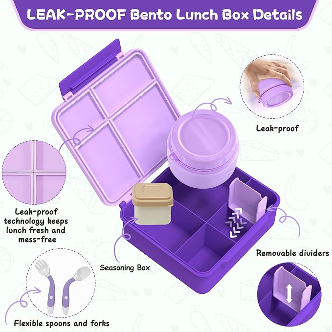 Aimsnk Lunch Box Kids with Thermo Insulated Lunch Bag for School, Purple | Bento Lunch Box for Kids with 8oz Food Jar, Leak Proof Hot Lunch Containers with 4 Compartment, Warm Lunchbox for Toddler