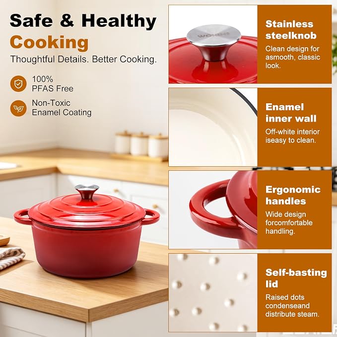 4-QT Enameled Cast Iron Round Dutch Oven With Lid,Oven safe,Red | Small enameled cast iron Dutch oven,Retains moisture,PFAS-free,500°F,sourdough,braising/stews/roasting,Housewarming Gift