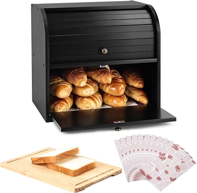 Alpeir Roll Top Bread Box with Cutting Board for Kitchen Countertop, Black | Large Breadbox with Ventilation Holes, Double Layer Pantry Shelf, Wooden Homemade Bread Storage Container, Vintage Farmhouse