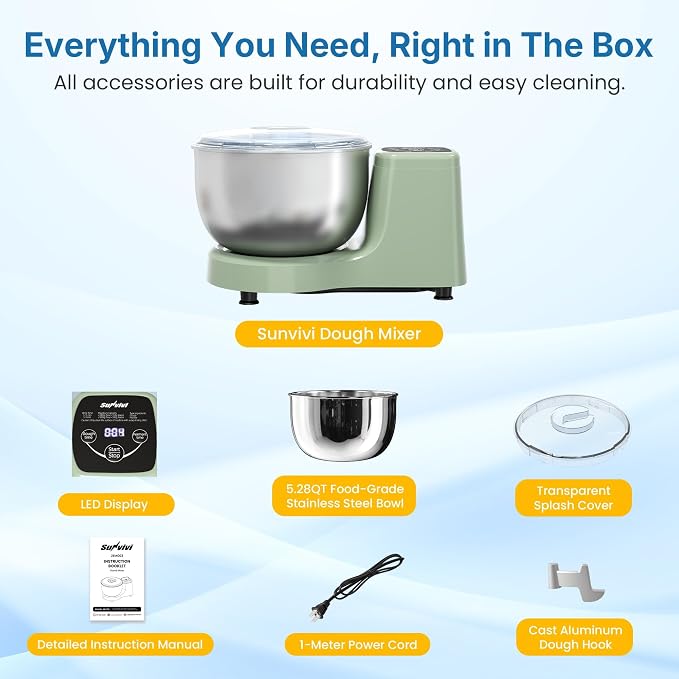 Electric Dough Mixer Maker, 5.3 QT Fermenting and Kneading Flour Mixer Machine with Stainless Steel Bowl & Time Control, Green Stand Mixer for Baking Bread Cake Pizza & Sourdough