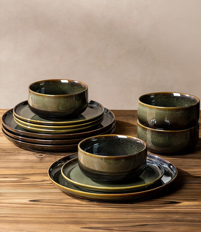 Ceramic Dinnerware Set for 4, 12-Piece Plates and Bowls Set | Handmade Reactive Glaze Dish Set, Scratch Resistant, Oven & Microwave & Dishwasher Safe, Olive Green