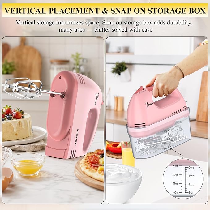BAIGELONG Hand Mixer. 7-Speed Adjustable Kitchen Electric Mixer. With 5 Stainless Steel Attachments: 2 Hooks, 2 Beaters, 1 Whisk. Comes 1 Storage Box. Perfect for Bakers and New Starters. Pink