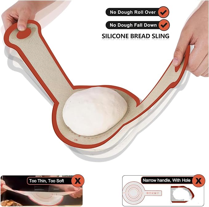 Silicone Bread Sling, 2Pcs Silicone Baking Sling with Longer Handles, Non-Stick & Easy Clean Dutch Oven Baking Mat to Transfer SourDough Easily, Reusable Bread Mat Set