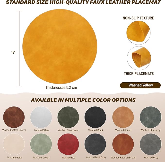 UnivoColors Placemats Round Faux Leather Placemats Set of 8-Waterproof-Wipe Clean-Heat Resistant-Anti Slip Dining Table Place Mats,Suitable for Indoor & Outdoor Use,15".Retro Yellow