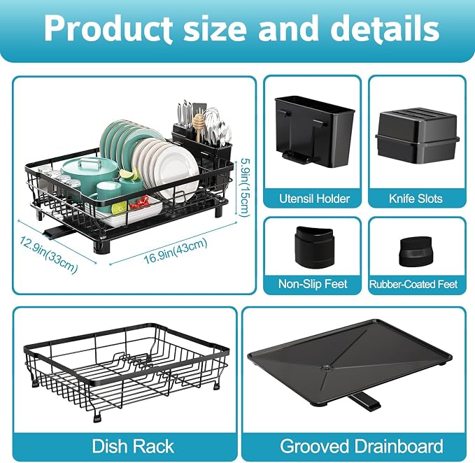 Dish Drying Rack - Space Saving Dish Rack - Dish Racks for Kitchen Counter with Drainboard,Rustproof Dish Drainer with Removable Utensil Holder,Black