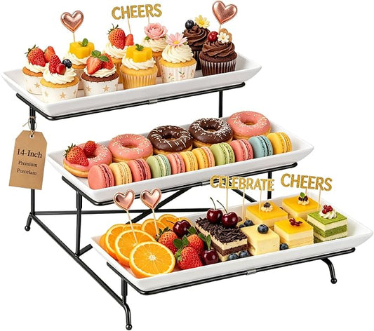3 Tier Serving Tray Set 14 Inch Porcelain Tiered Serving Trays Platters, Collapsible Sturdier Stand with Stable Cross Bars, Three Layer Serving for Party Entertaining Food Display Fruit Dessert