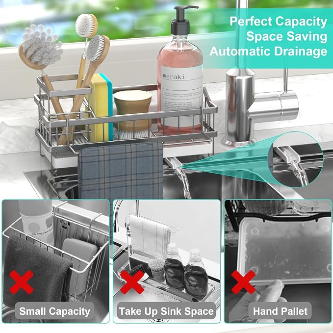 Sponge Holder for Kitchen Sink - Countertop Rustproof Stainless Steel, Sink Caddy, Kitchen Gadgets Accessories (Silver)