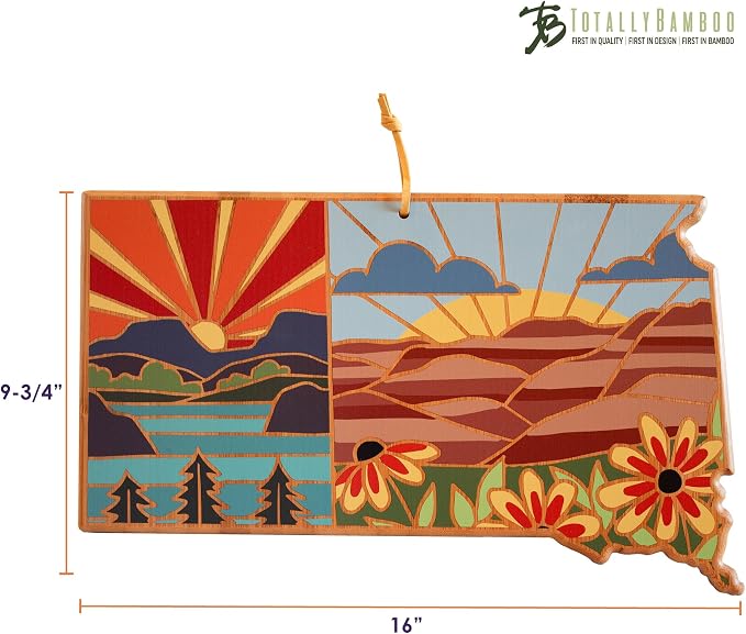 Totally Bamboo South Dakota State Shaped Cutting Board, Summer Stokes Art | State charcuterie board with colorful hand-drawn landscape art. Smooth reverse side for food prep. Hang tie for wall display.