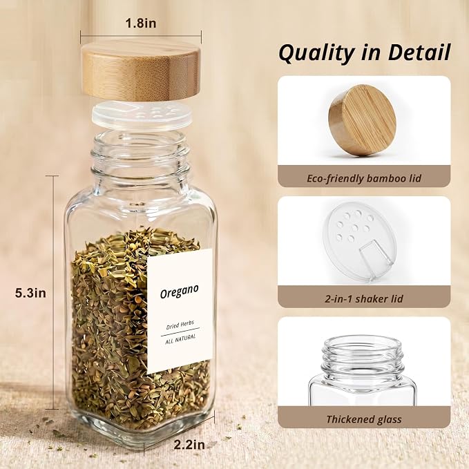 SHOWIN Spice Jars with Label, 8oz Spice Containers with Bamboo Lids 12pcs, Glass Spice Jars with Lids, Square Seasoning Containers for Rack, Cabinet, Drawer, Home Kitchen Seasoning Organizer