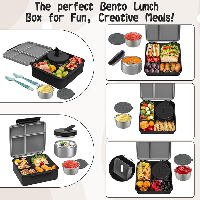 Aimsnk Kids Lunch Box with Thermo Insulated Lunch Bag for School, Black | Kids Bento Lunch Box with 8oz Food Jar, Leak Proof Hot Soup Lunch Containers with 4 Compartment, Warm Lunchbox for Toddler