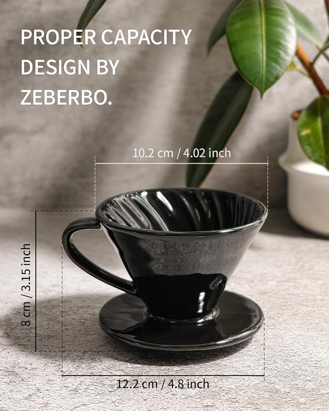 Pour Over Coffee Maker, Single Cup Ceramic Coffee Dripper, Reusable Filter Cone Drip Holder Slow Brewer with Hole Flat Bottom for Home, Office, Travel, Camping (Black)