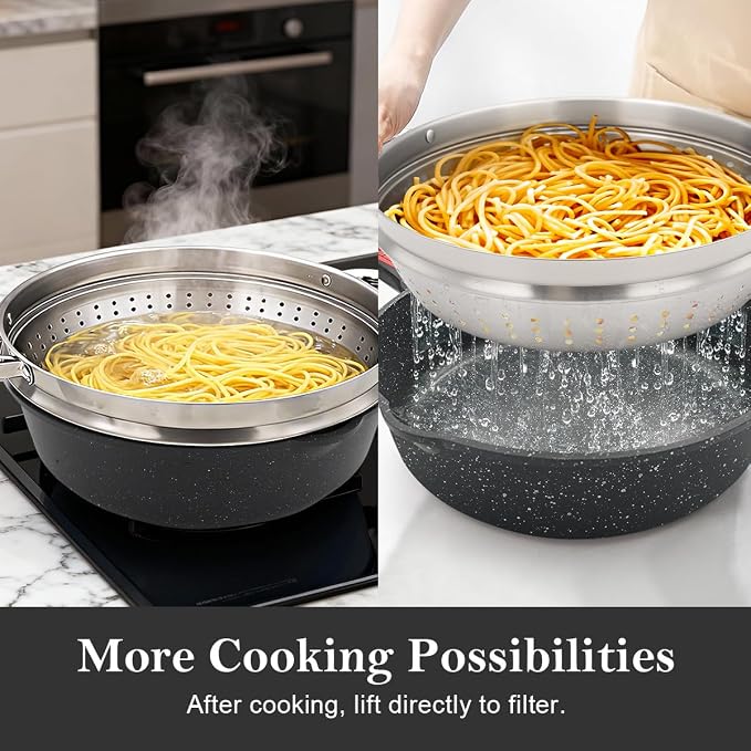 12-Inch Non Stick Frying Pan with Steamer, 5 QT Deep Saute Pan with Lid, Vegetable Steamer Cookware for Cooking, Detachable Handle, Compatible with All Stoves, Oven Safe, PFOA Free, Black
