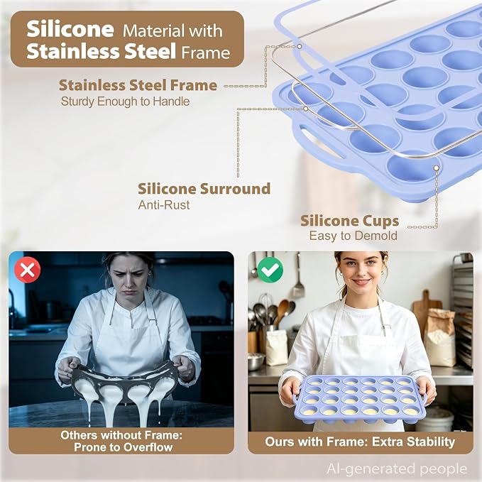 Mini Silicone Muffin Pan with Frame Non Stick Cupcake Tin Baking Mold | Silicone Cupcake Pan with Handles 24 Cup, BPA Free Silicon Muffin Tin Tray Small for Baking, Egg Bites, Cupcake Mold Blue