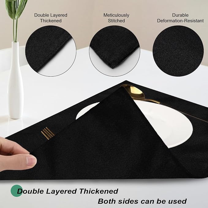 Cloth Placemats Set of 4, Cotton Linen Blend Place Mats, Black | Machine Washable, Double Layered, Heat Resistant, Fabric Dining Table Mats for Kitchen, Indoor & Outdoor, 13" x 19"