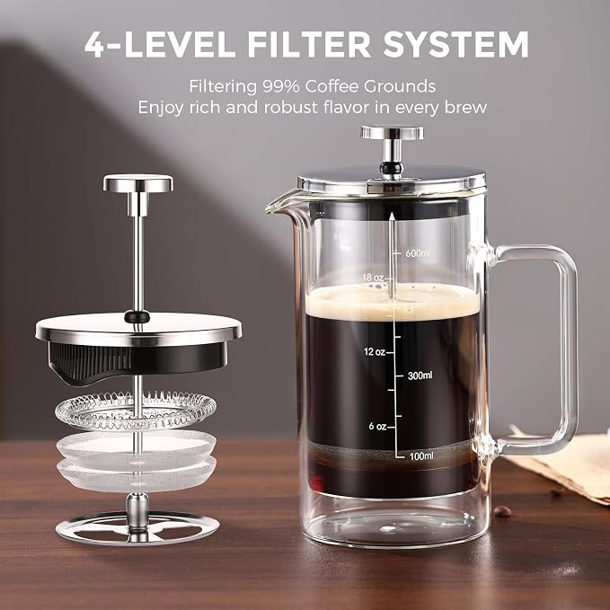 Bincoo French Press Coffee Maker 600ML,Double Wall Insulated Borolicate Glass French Press for Tea and Frothed Milk Press