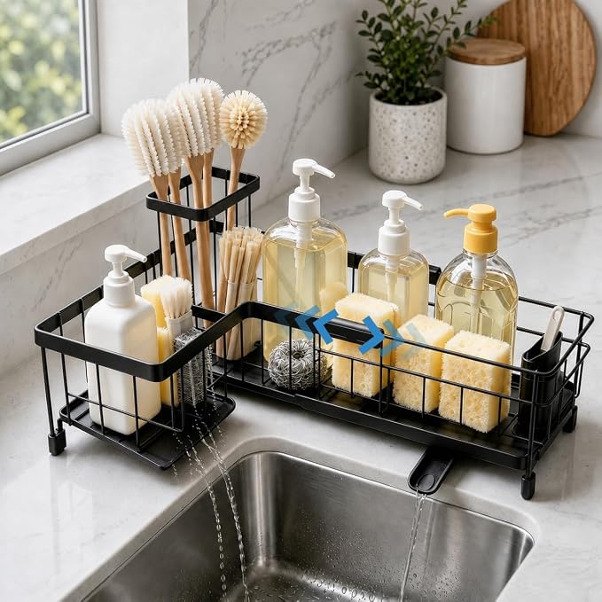 Extendable Corner Sink Sponge Holder, Quick-Drain Caddy for Kitchen Sink, Black