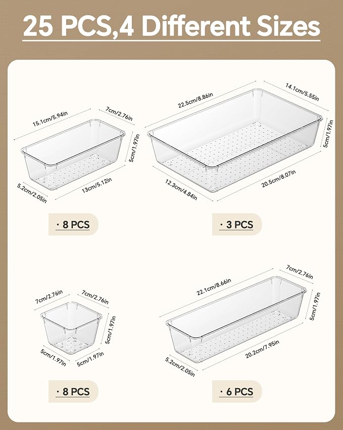 KEMETHY 25 PCS Plastic Drawer Organizers Set, 4 Sizes Vanity Organizer | Makeup and Desk Drawer Organizer Trays, Organization and Storage for Makeup, Bathroom, Kitchen Utensils and Office (Clear)