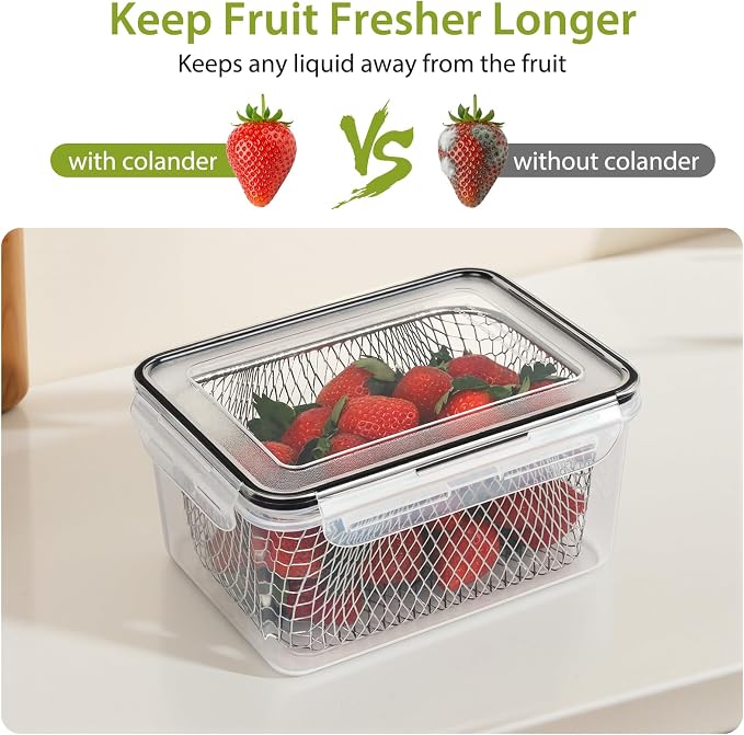 3 PCS Large Fruit storage Containers for Fridge Food Storage Containers | with Stainless Steel Colander Leakproof Dishwasher Microwave safe Produce Containers Keep Fruits Vegetable Berry Fresh longer