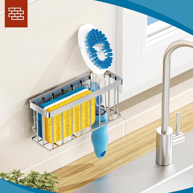 MURLONG Sponge Holder for Kitchen Sink,Sink Caddy Organizer with Suction Cups/Adhesive Strips,Dish Sponge Holder Design for Sponges,Scrubber,Stoppers-Silver