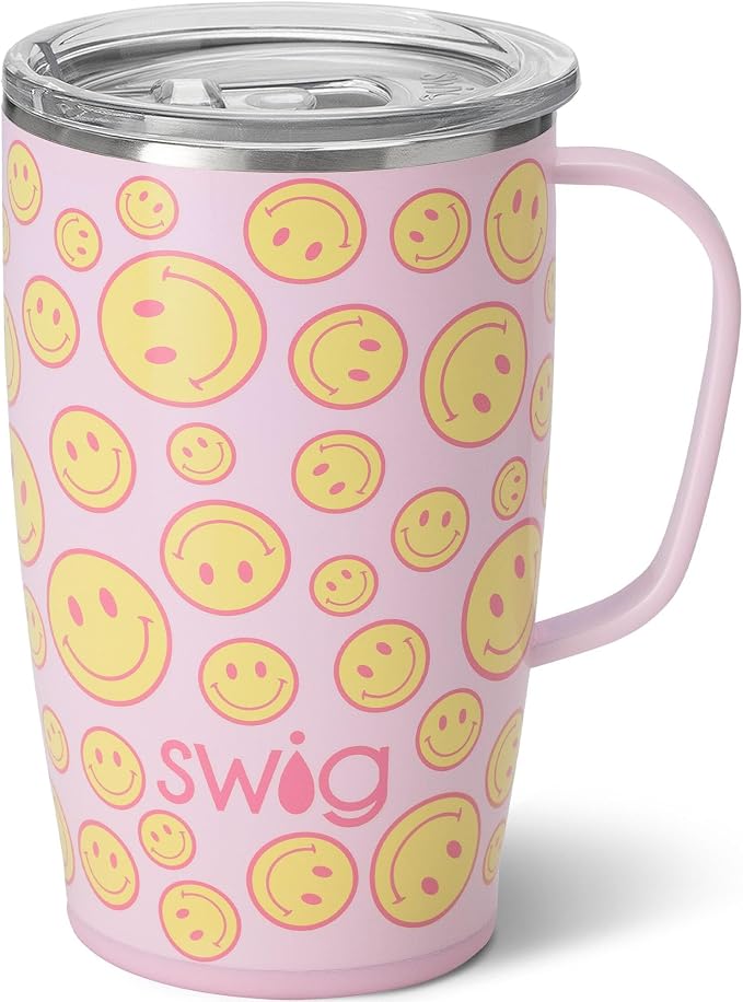 Swig Life 18oz Insulated Travel Mug with Handle & Lid, Oh Happy Day | Triple Insulated Stainless Steel - Handle & Lid Included - Keeps Coffee Hot or Cold - Cup Holder Friendly