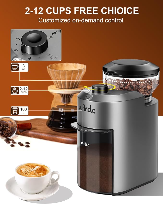 Wancle Coffee Grinder - Electric Burr Coffee Grinder - Adjustable Burr Mill with 28 settings - 12 Cups - Professional Coffee Bean Grinder - Grey