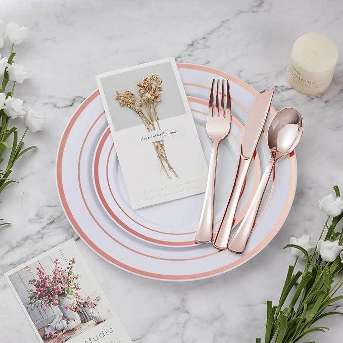 BESTVIP 600PCS Rose Gold Dinnerware Set for 100 Guests, Plastic Plates | for Party, 100 Rose Gold Disposable Plates, 100 Dessert Plates, 100 Cups, 100 Spoons, 100 Forks and 100 Knives