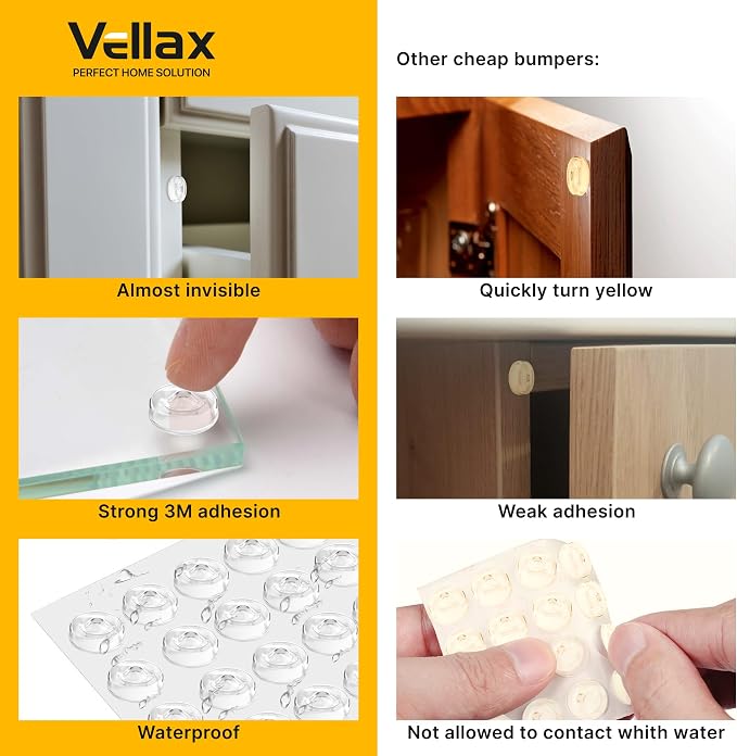Vellax 128-Pack Clear Silicone Cabinet Bumpers, Self Adhesive Sticky Pads | 128 clear silicone bumpers absorb shock, dampen noise & protect surfaces - sticky, durable & easy to apply anywhere.