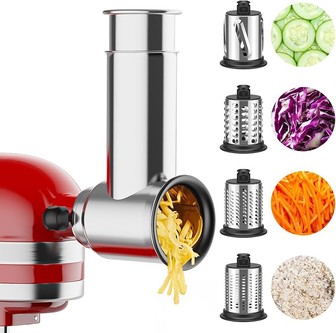 Stainless Steel Slicer Shredder Attachment for Kitchenaid Stand Mixer | Cheese Grater & Vegetable Cutter, Salad Maker for Kitchenaid Mixer, Grinding Powder with 4 Blades by FOCOLLK
