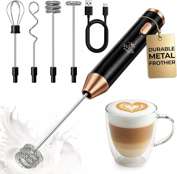 Zulay Kitchen Rechargeable Milk Frother Handheld - Frother Wand, Drink Mixer, Electric Whisk Frother, for Cappuccinos, Matcha & Protein Powder - Ultra Metal 4 Whisk, 1800mAh Black Copper