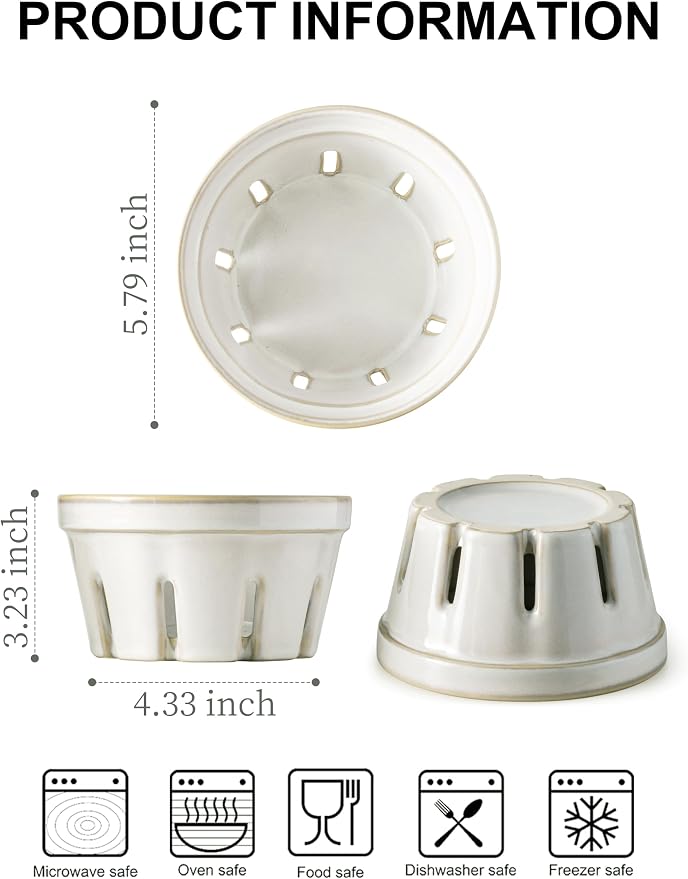 Gomakren Ceramic Berry Basket Set of 2, Fruit Bowl Colanders 5.8 Inch White | Drain Holes Keep Berries Fresh, Stackable Space-Saving, Dishwasher Safe, Versatile Fruit Serving & Farmhouse Kitchen Decor