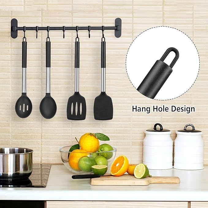 Large Silicone Cooking Spatulas and Spoons, BPA Free, 4 Pack (Black) | Slotted & Solid Stainless Steel Cooking Utensils Set, Non-stick Heat Resistant Kitchen for Baking, Fried, Stir-Fry, Serving