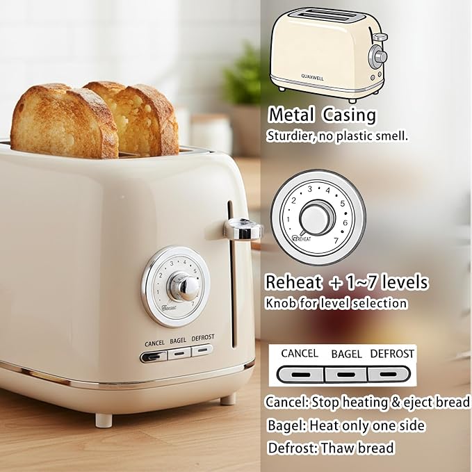 Retro 2-Slice Toaster, Stainless Steel, Beige | Wide Slots, 7 Bread Shade Settings, Bagel, Cancel, and Defrost Functions, Removable Crumb Tray, Retro Kitchen Appliances