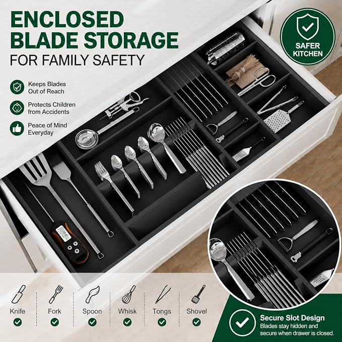 Bamboo Expandable Kitchen Drawer Organizer, 17.7-29.5 in,Black | 5-8 detachable slots, equipped with dedicated tool slots for butter knives, storing tableware and saving space