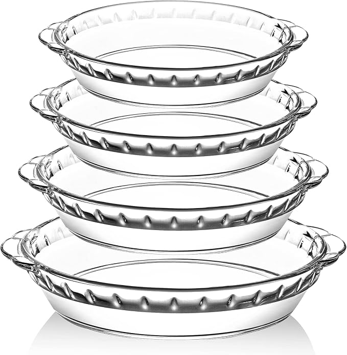 4 Packs Glass Pie Plates, MCIRCO Deep Pie Pans Set (7"/8"/9"/10"), Pie Baking Dishes with Handles for Baking and Serving, Clear