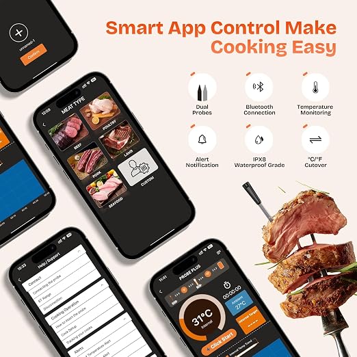 Wireless Smart Food & Meat Thermometer Digital with Dual Ceramic Probe | Standalone Display Base Real-time Monitoring ±0.5°F Accuracy,Heat-resistant,Bluetooth 3000FT Range iOS & Android APP Control