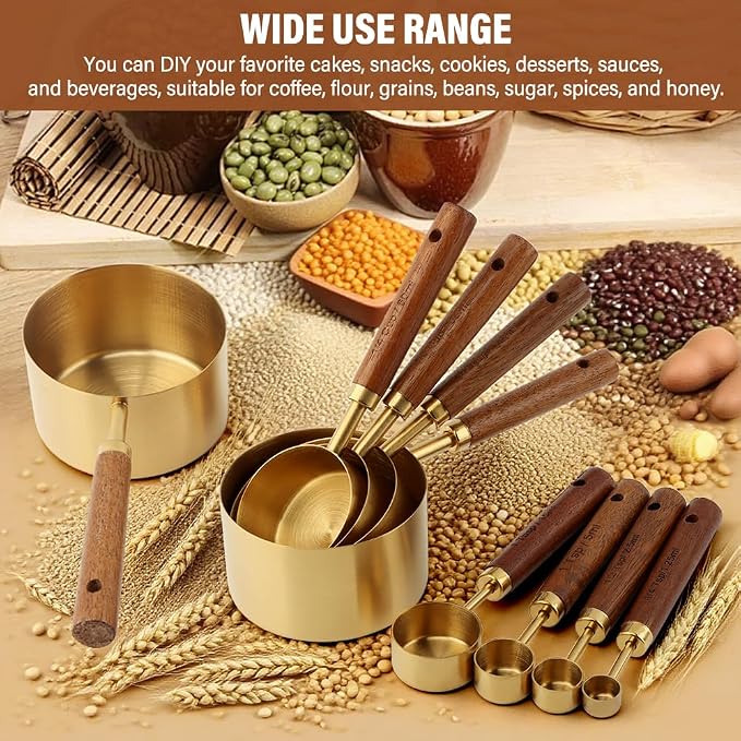 8Pcs Gold Measuring Cups and Spoons Set, Golden Stainless Steel Measuring Cups with Wooden Handle and 4 Measuring Spoons Set for Kitchen Baking Cooking