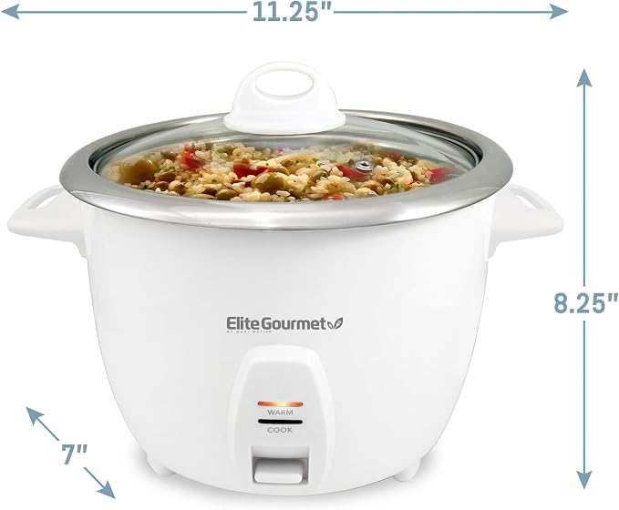 Elite Gourmet ERC-2010 Rice Cooker, Stainless Steel, White, 10 Cups Cooked | Keep Warm - Also Makes Soups, Stews, Grains and Cereals for Versatile Everyday Family Cooking