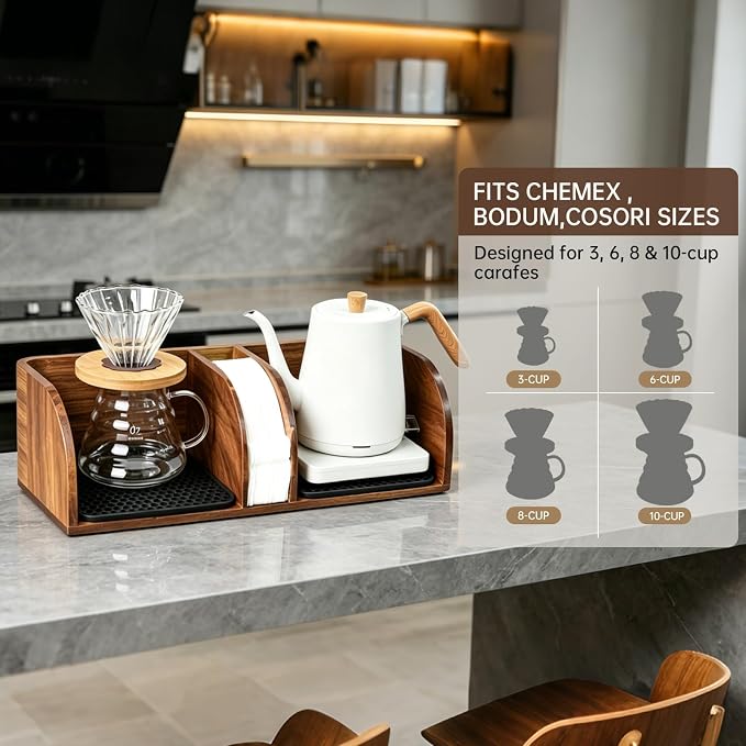 Acacia Coffee Bar Station Organizer Stand Caddy for Chemex Pour Over Maker | Coffee Paper Filter Holder for Countertop Wood Caddy Storage Organizer for Chemex Bodum Cosori Coffee Maker with silicone Pad