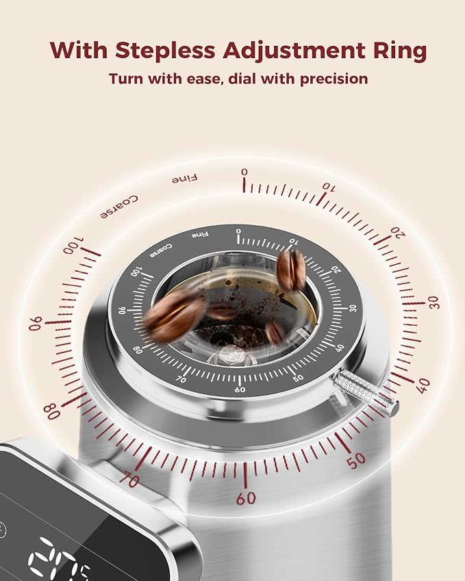 Tuni G3 64mm Flat Burr Electric Coffee Grinder with 100 Grind, Silver | Commercial Grade Espresso Grinder with Single Dose Set, Touchscreen Display, Anti-Static Tech, Stainless Steel