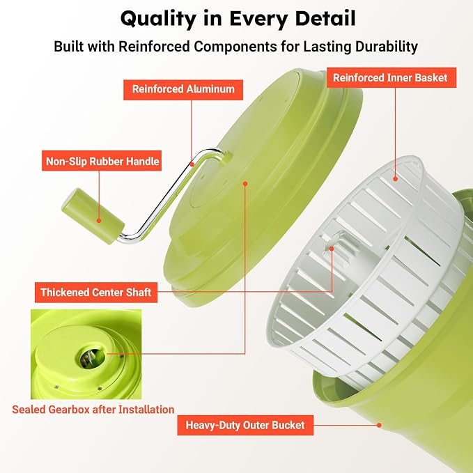 Commercial Salad Spinner, 2.5 Gallon (10QT) Heavy Duty Vegetable Dryer with Ergonomic Aluminum Handle, Sealed Gearbox, Dries Up to 3–4 Heads of Lettuce
