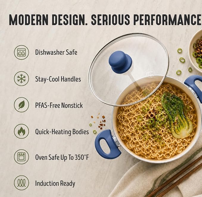GreenLife 5QT Ceramic Nonstick Stockpot with Lid, Slate Blue | PFAS-Free Nonstick Coating, Casserole Pot, Soup Pot, Pasta Pot, Induction Ready, All Stovetop Compatible, Dishwasher Safe