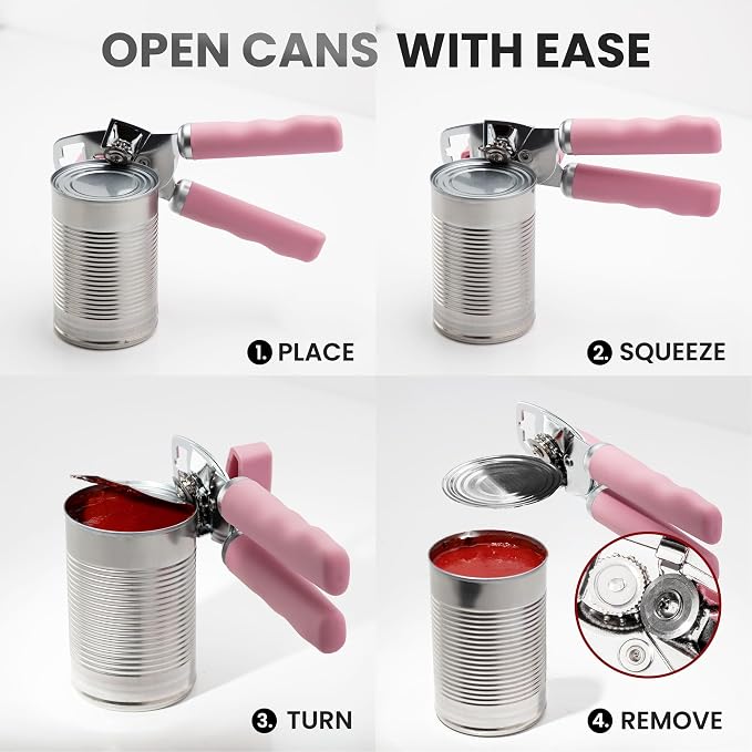 Zulay Kitchen Heavy Duty Stainless Steel Can Opener Manual with Bottle Opener - Rust Proof Manual Can Opener With Turn Knob & Comfy Soft Grip Handles - Pink