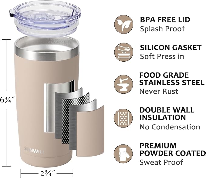 SUNWILL Travel Coffee Tumbler 20 oz, Insulated Mug with Lid, Stainless Steel Cup for Outdoor, Powder Coated Taupe