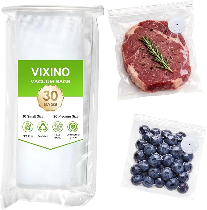 Vixino Vacuum Sealer Bags for Food, 30 Reusable BPA-Free Vacuum Seal Bags | Resealable Sous Vide Bags, Works with Handheld Vacuum Sealer and Vacuum Sealer Machine with External Interface